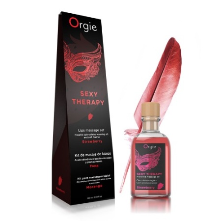 Комплект для игр Orgie Lips Massage со вкусом клубники (съедобное масло, перо), 100 мл
